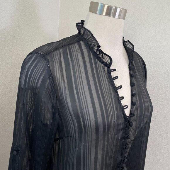 NEW Express Portofino Shirt Womens Large Slim Fit Black Sheer Ruffle Neck Blouse - Picture 2 of 11